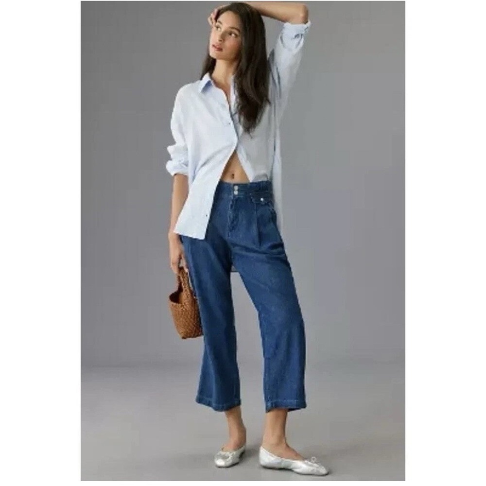 Anthropologie‎ Pilcro Pleated Wide Leg Trouser Jeans Cinch Back Denim Size 29